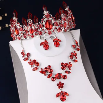 Луксозни Посребрени Червени Кристални Цветя, Сватбени Бижута С Кристали Диадеми Короната Колие Обици Сватбен Комплект Бижута В Дубай