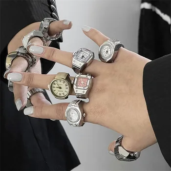 2022 Творчески Пънк Регулируеми Кварцов Часовник Пръстен За Жени, Мъже Реколта Двойка Еластични Пръстени На Палеца Бижута Подарък Показалеца Гъвкави