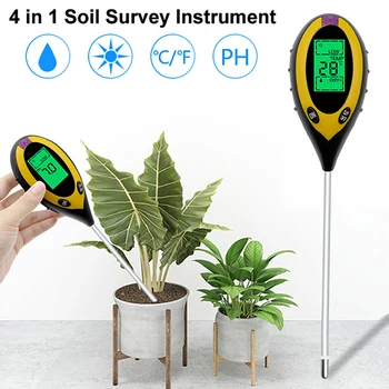Цифров 4 В 1 За Измерване на РН на почвата, Измерване на Температурата на Почвата, Слънчев Влага, Тестер за Градински Растения, Цветя, LCD Дисплей