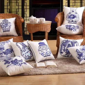 Декоративна памучен калъфка от китайския бяло-синьо като порцелан, 43x43 см, Китайска Калъфка за дивана, Калъфка за възглавница с бродерия