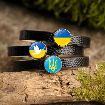 Гривна с Флага на Украйна, Гривни за Жени, Бижута, Украински Национален Символ, Стъклен Cabochon, Черна Кожена Гривна, Мъжки Патриотичен Подарък
