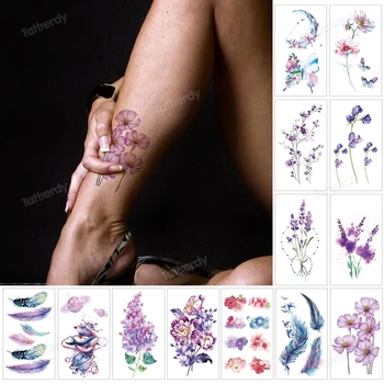 Водоустойчив Временна татуировка стикер малки растения цветя лилави лавандулови татуировка етикети водни фалшиви татуировки за дете момиче на детето