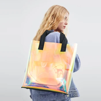 Дамска чанта-Тоут, Холограма Прозрачна Чанта, Композитни Чанти, Лазерен PVC, Цвят на Дъгата, Лятна Плажна Чанта През Рамо