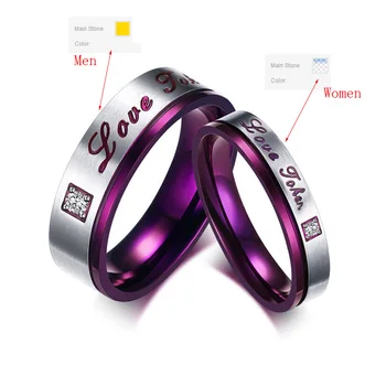 Модни Уникални двойка пръстени за мъже и жени от неръждаема стомана CZ годежен пръстен Лилаво
