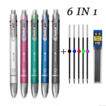 6 В 1 Многофункционална Химикалка химикалка 5 цвята Химикалка Писалка 0,5 mm Автоматичен Молив с Гумена езда Студентски English Ученически Канцеларски материали