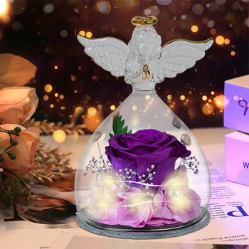 1 Комплект Малък Ангел Запазени Рози В Стъклото Завинаги Вечен Розата Е Цветето На Коледа, Рожден Ден, Свети Валентин, Сватбен Подарък На Жената Момиче