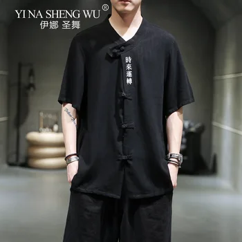 Китайски Стил Голям е Размерът на Мода Бродирани Hanfu Ретро Диск Бутон за Ежедневно Бельо Риза с Къс Ръкав за Мъже 2021 Лятото на Нова