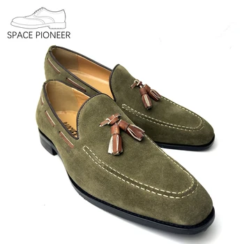 Мъжки обувки изработени ръчно, лилав Велур лоферы, мъжки мокасини, чехли с пискюли, сватбени модела обувки, ежедневни обувки на плоска подметка от естествена кожа