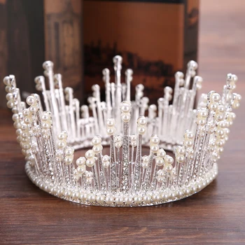 Сребърен Цвят Сватбена Crystal Crown Планински Кристал, Перлена Корона Сватбена Прическа Крал, Короната На Сватбен Бал Аксесоари За Коса, Бижута
