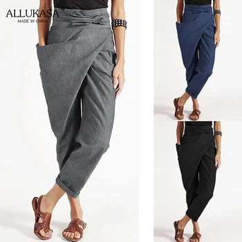 Дамски зреещи, модерни ежедневни асиметрични свободни панталони с висока талия, обикновен панталон с едностранно джоб, панталони размер плюс