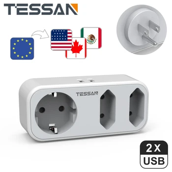 Адаптер TESSAN за пътуване от ЕС в САЩ с жак 1/3 и 2 USB порта (2,4 А), 2-за контакти стенно зарядно устройство от Европа в 3-за контакти зарядно устройство от САЩ за пътуване, за дома